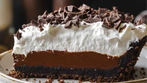 a piece of chocolate mousse pie on a white plate with the words mississippi mud pie above it