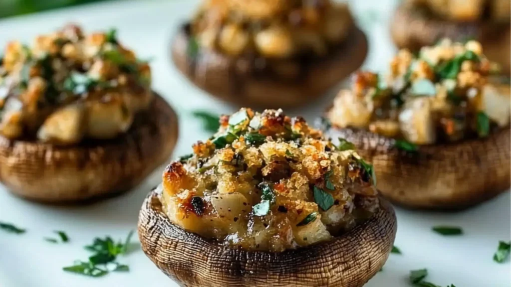 small mushrooms with cheese and parsley on a brown plate next to other food items