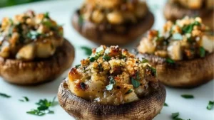 small mushrooms with cheese and parsley on a brown plate next to other food items