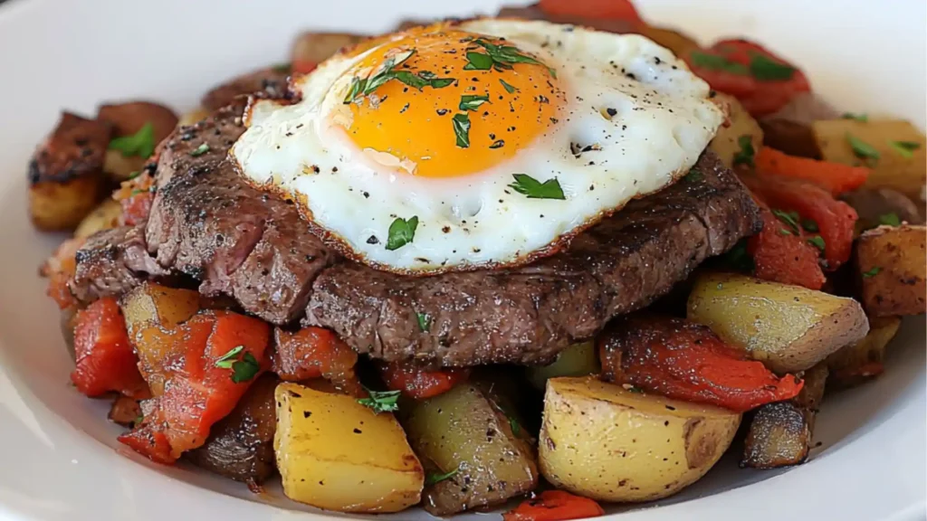 fried egg is on top of the hash browns in a cast iron skillet