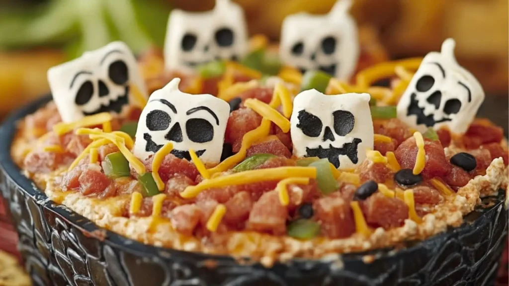 A taco dip designed to look like a spooky graveyard with tombstone and skull decorations on top, surrounded by crackers.