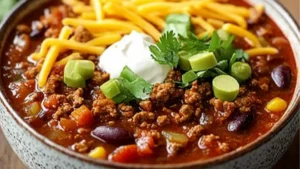 bowl filled with chili and cheese on top of a wooden table next to bread