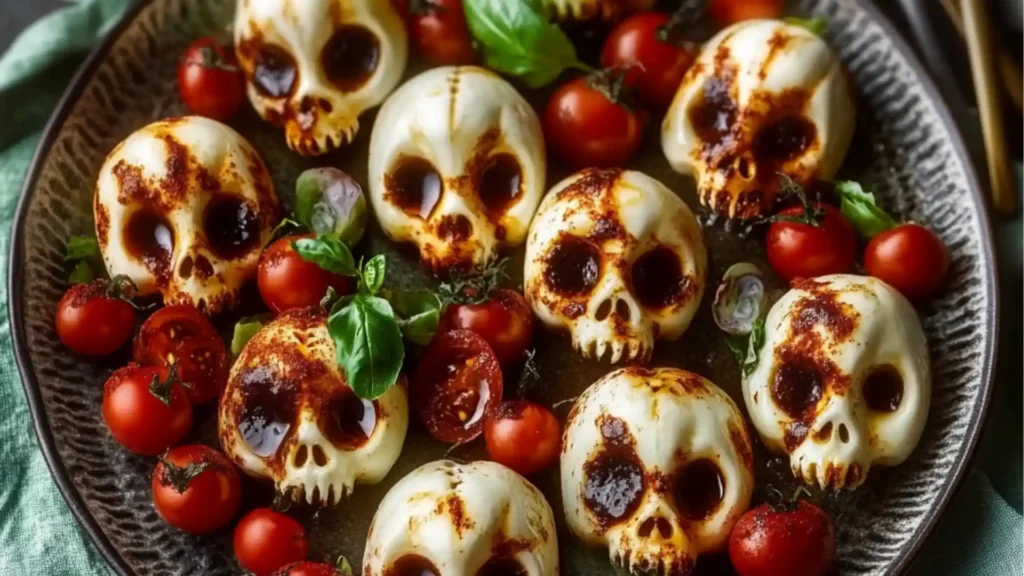 halloween mozzarella skulls with text overlay