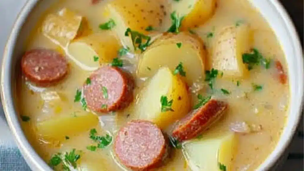 kielbasa potato soup with potatoes and carrots in a bowl