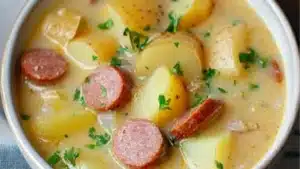 kielbasa potato soup with potatoes and carrots in a bowl