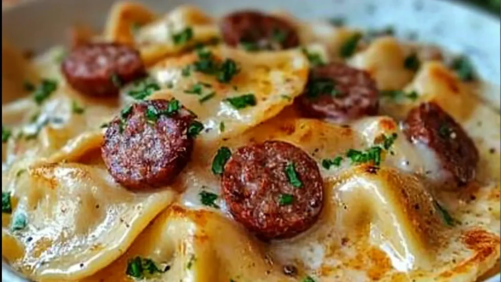 a skillet filled with pasta, sausage and spinach on top of a table