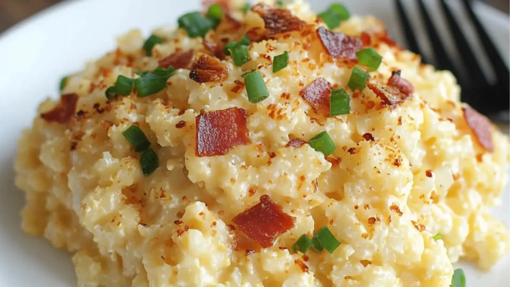 a bowl of cheesy cauliflower rice with a fork in it