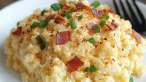 a bowl of cheesy cauliflower rice with a fork in it