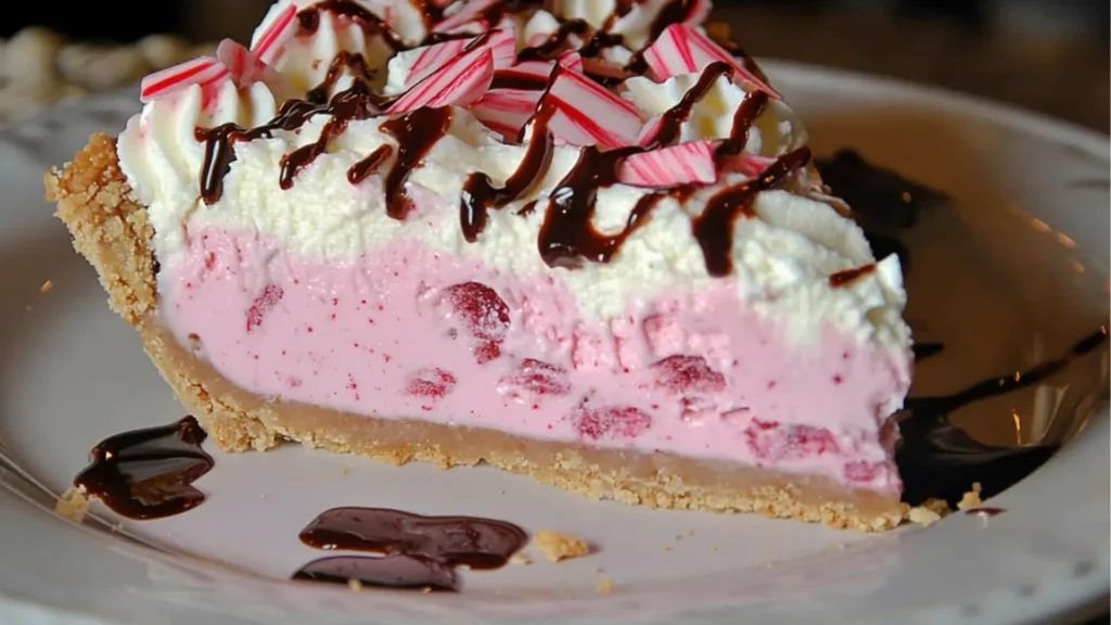 a slice of peppermint ice cream pie on a plate