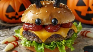 a large hamburger with fries on a wooden cutting board next to halloween decorations and fake eggs