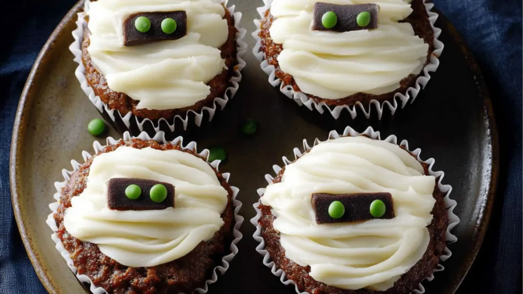 cupcakes with white frosting and spooky eyes