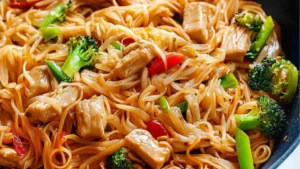 easy rice noodle stir - fry in a skillet with text overlay that reads easy rice noodle stir - fry