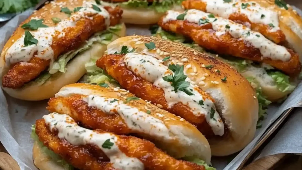 a tray filled with sandwiches and fries next to some dipping sauces on the side