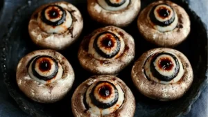 stuffed mushroom eyeballs on a plate with text overlay