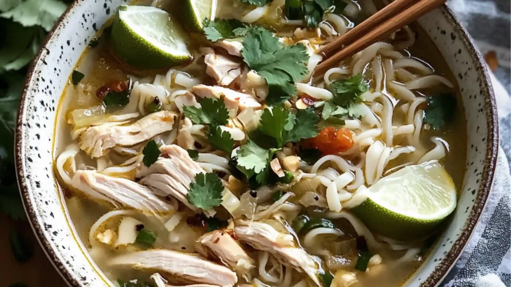 chicken and rice noodle soup in a bowl with chopsticks on the side