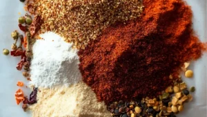 homemade chili seasoning mix in a bowl with spoons on the side and an image of