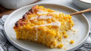 a casserole dish with corn in it and the words, honey glazed corn casserole a sweet twist on