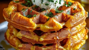 a plate topped with waffles covered in cheese and sauce