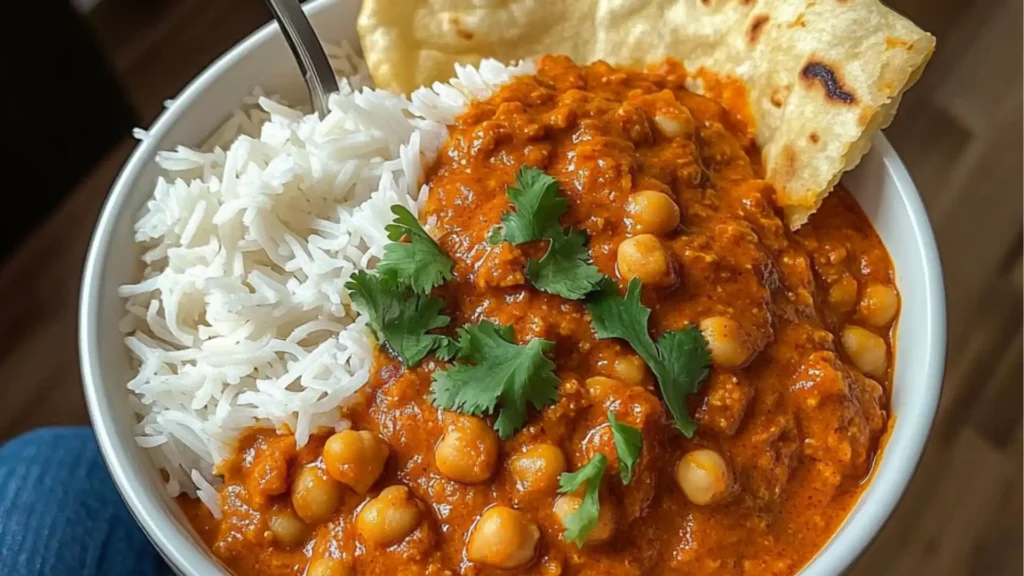 healthy chickpea tikka masala served in a bowl with rice and garnishes