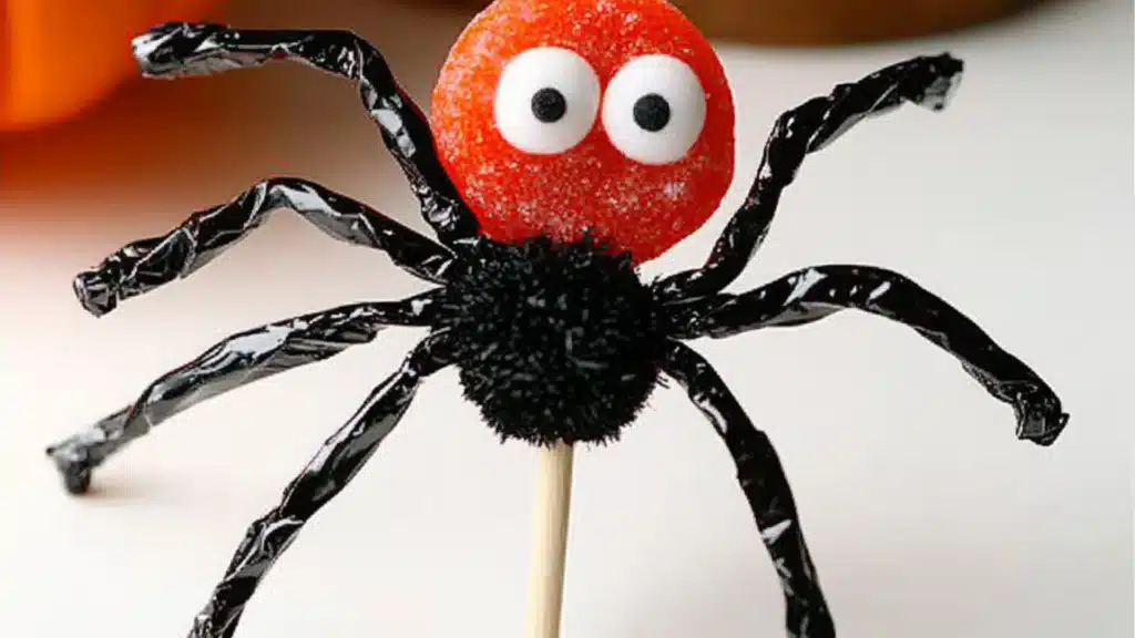 three spider lollipops sitting on top of each other next to some candy