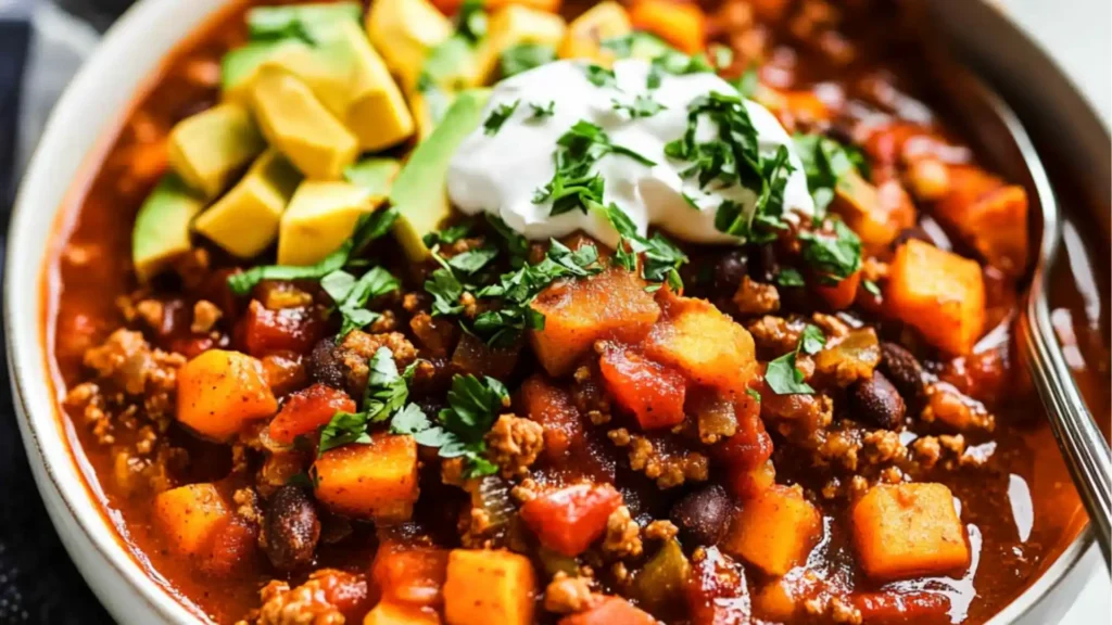 two bowls of sweet potato and turkey chili with text overlay that reads, as fall favorite sweet potato and turkey chili
