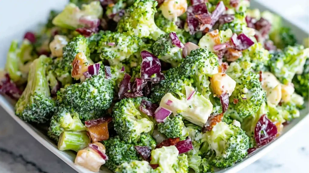 broccoli salad on a green and white plate