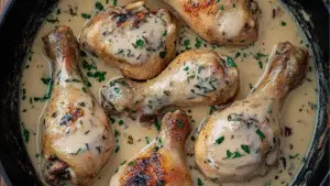 some chicken is cooking in a yellow sauce