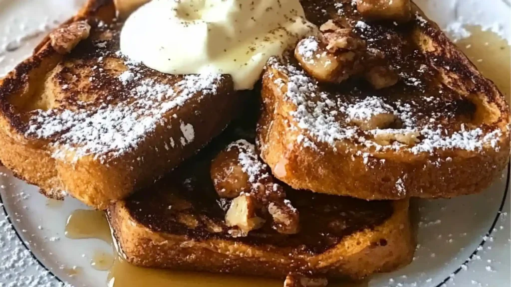 This pin features two images of pumpkin French toast. The images showcase a delicious fall breakfast recipe, perfect for a cozy morning. The pumpkin French toast looks golden brown and is topped with powdered sugar.