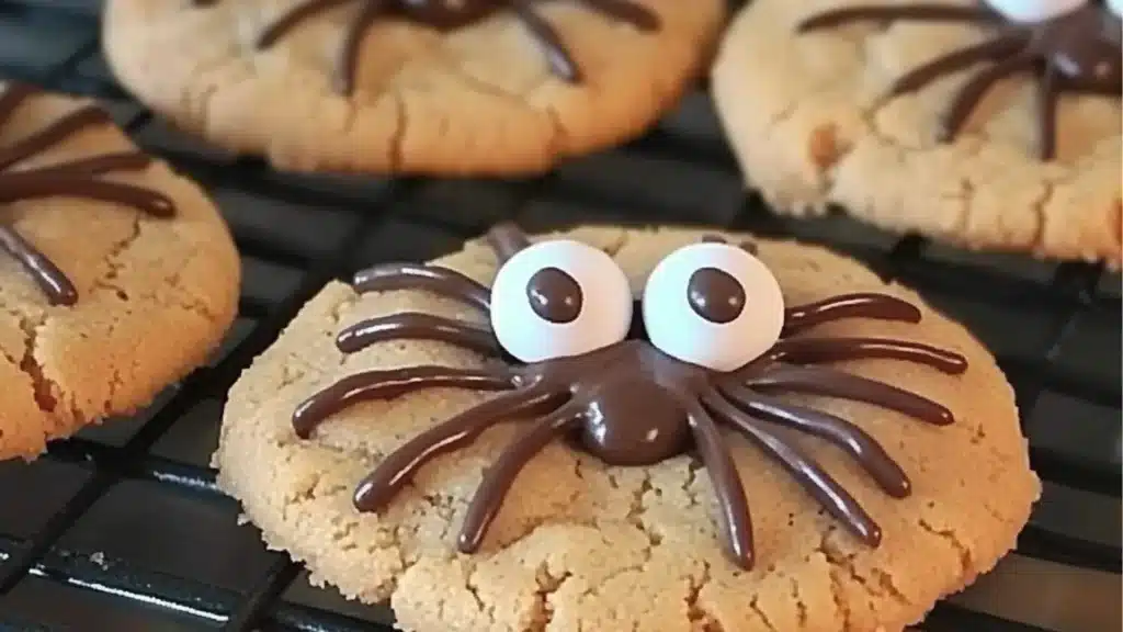 peanut butter spider cookies with googly eyes and chocolate on top are ready to be eaten