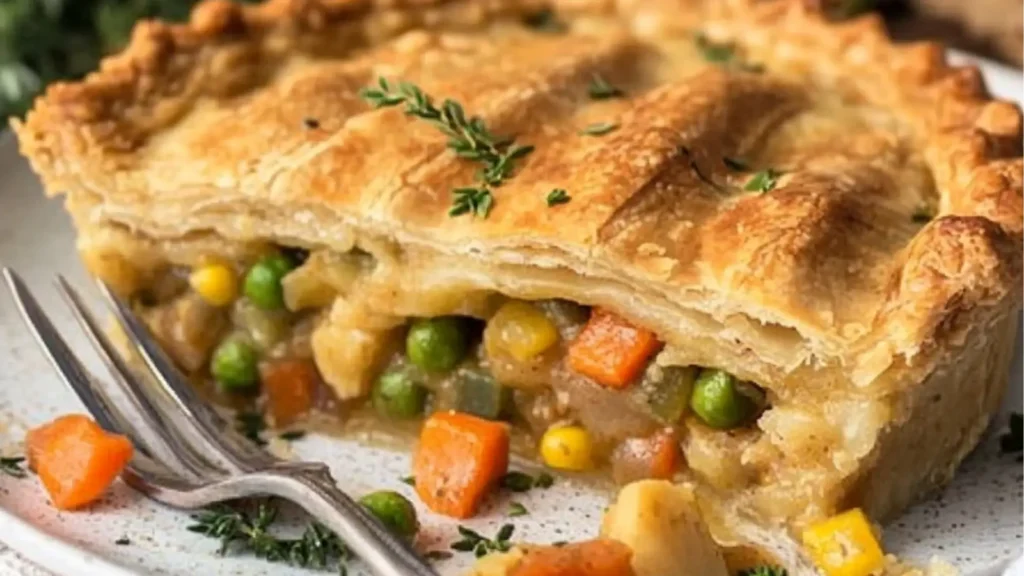 vegan thanksgiving pot pie on a white plate with a spoon in it and the words vegan thanksgiving pot pie above it