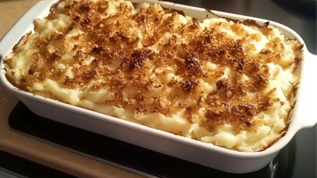 turkey and mashed potato casserole in a green dish
