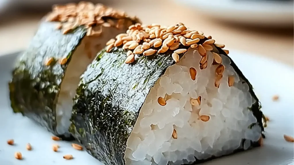 someone is holding some kind of sushi on a plate with rice and black sesame seeds