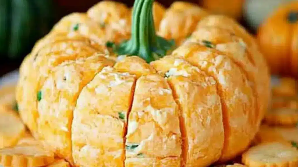 pumpkin cheese ball with pretzels and crackers
