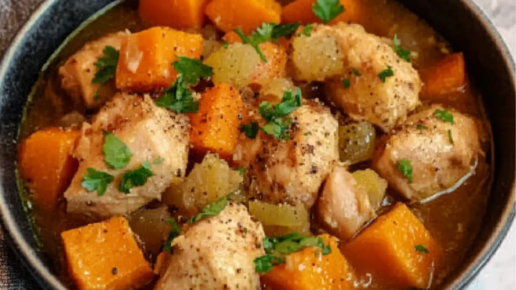 crockpot chicken and sweet potatoes recipe with text overlay