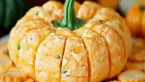 pumpkin cheese ball with pretzels and crackers
