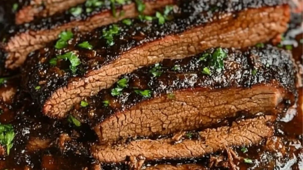 slow cooker beef brisket in the crock pot with text overlay reading slow cooker beef brisket