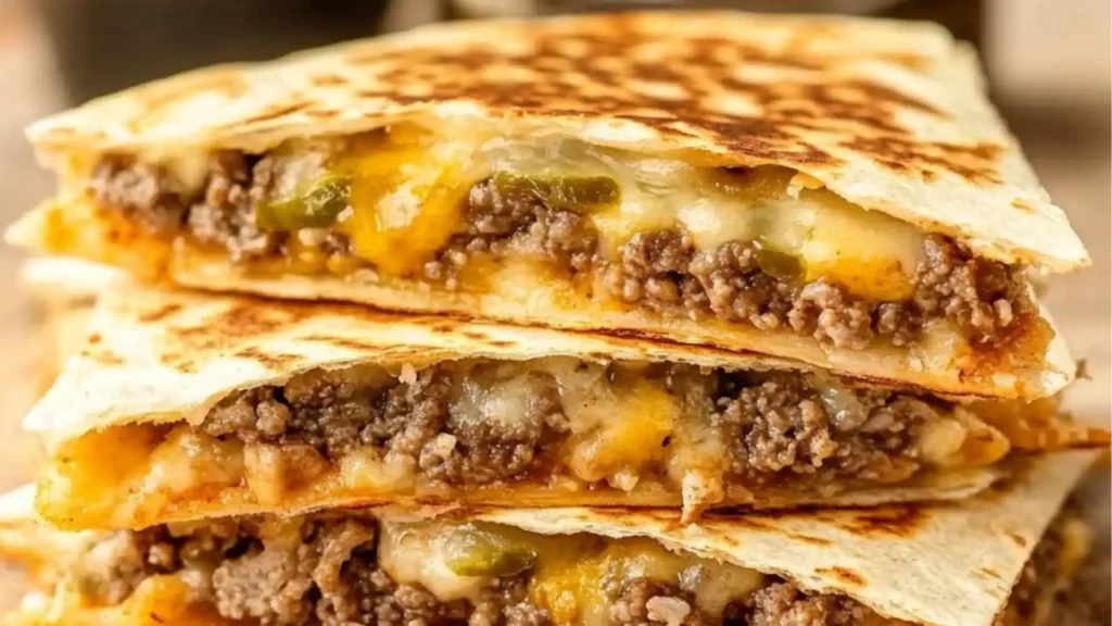 three cheeseburger quesadillas stacked on top of each other