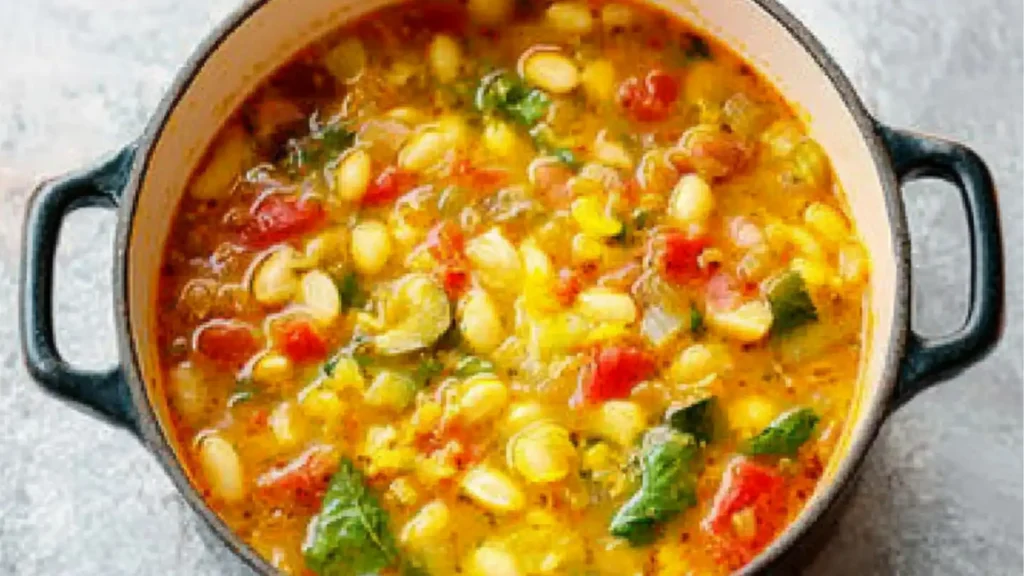 Overhead view of Summer Minestrone soup in a large white Dutch oven.