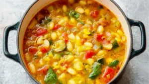 Overhead view of Summer Minestrone soup in a large white Dutch oven.
