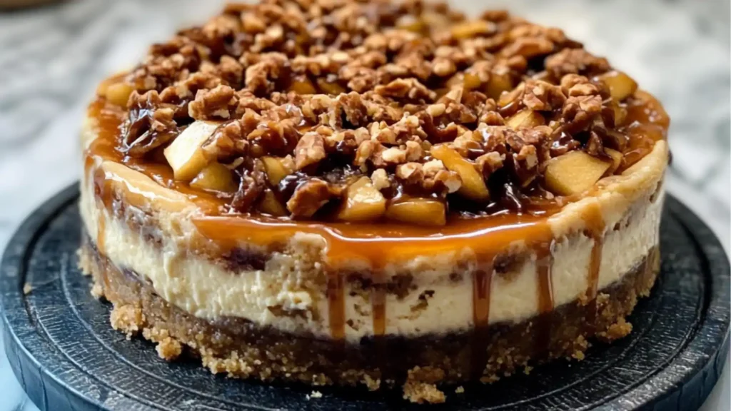 a cheesecake with apples and caramel drizzled on top