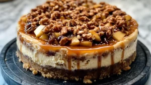 a cheesecake with apples and caramel drizzled on top