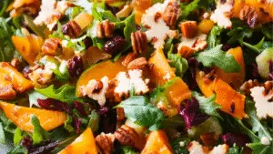 Fall Salad with butternut squash, pumpkin seeds, cranberries, spinach, goat cheese, and pasta - close-up photo.