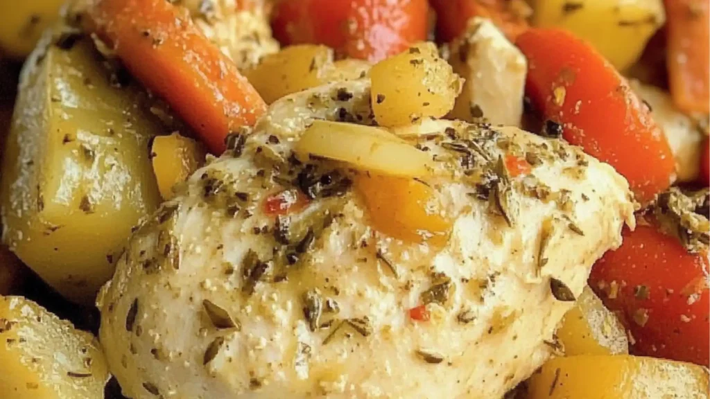 crockpot herb chicken and veggies in a slow cooker with text overlay