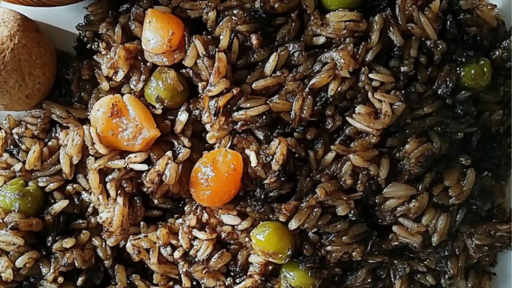 a white plate topped with food and a gold spoon filled with rice on top of it