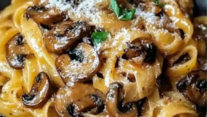 a white plate topped with pasta and mushrooms