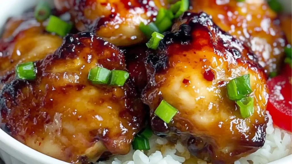 the flyer for sticky sweet chili chicken thighs, which are served with rice and garnishes