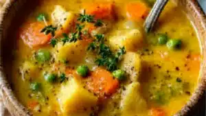 one pot vegetable soup in a white bowl with a spoon and bread on the side