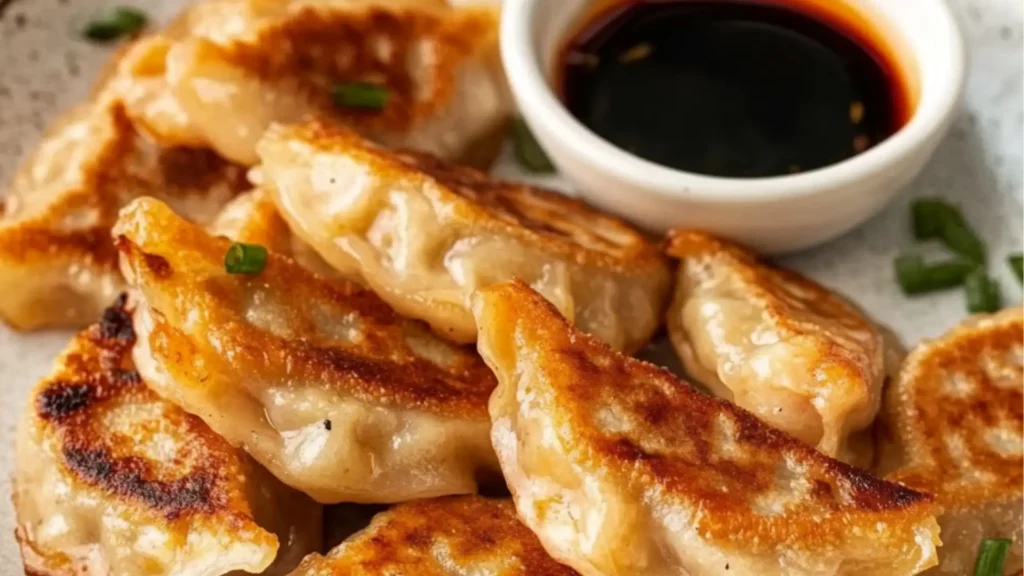a person holding chopsticks over some dumplings on a black plate with dipping sauce