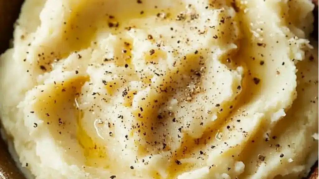 an easy crockpot mashed potatoes recipe in a bowl with text overlay