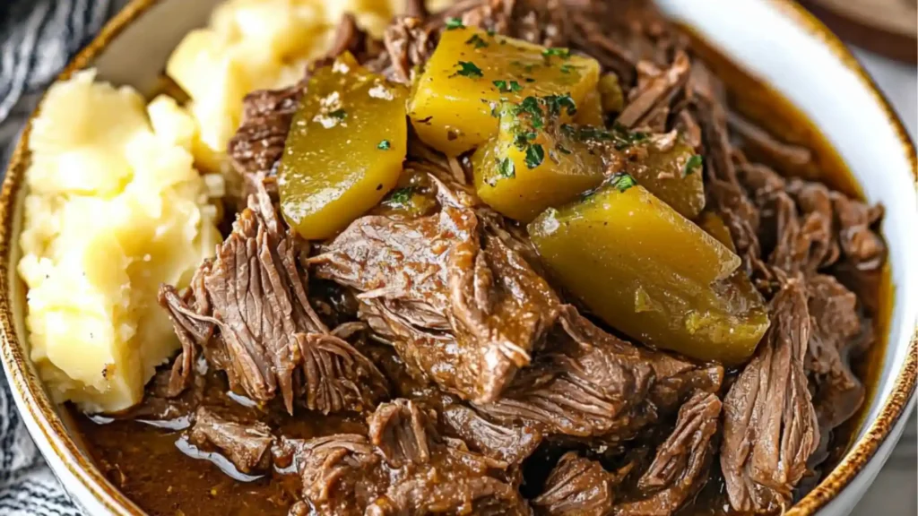 Get ready for this Crockpot Mississippi Pot Roast! Ultra tender, amazingly juicy, and bursting with flavor, this slow cooker pot roast is a meat main dish you'll love to have again and again. Save this chuck roast recipe and try this easy dinner idea...